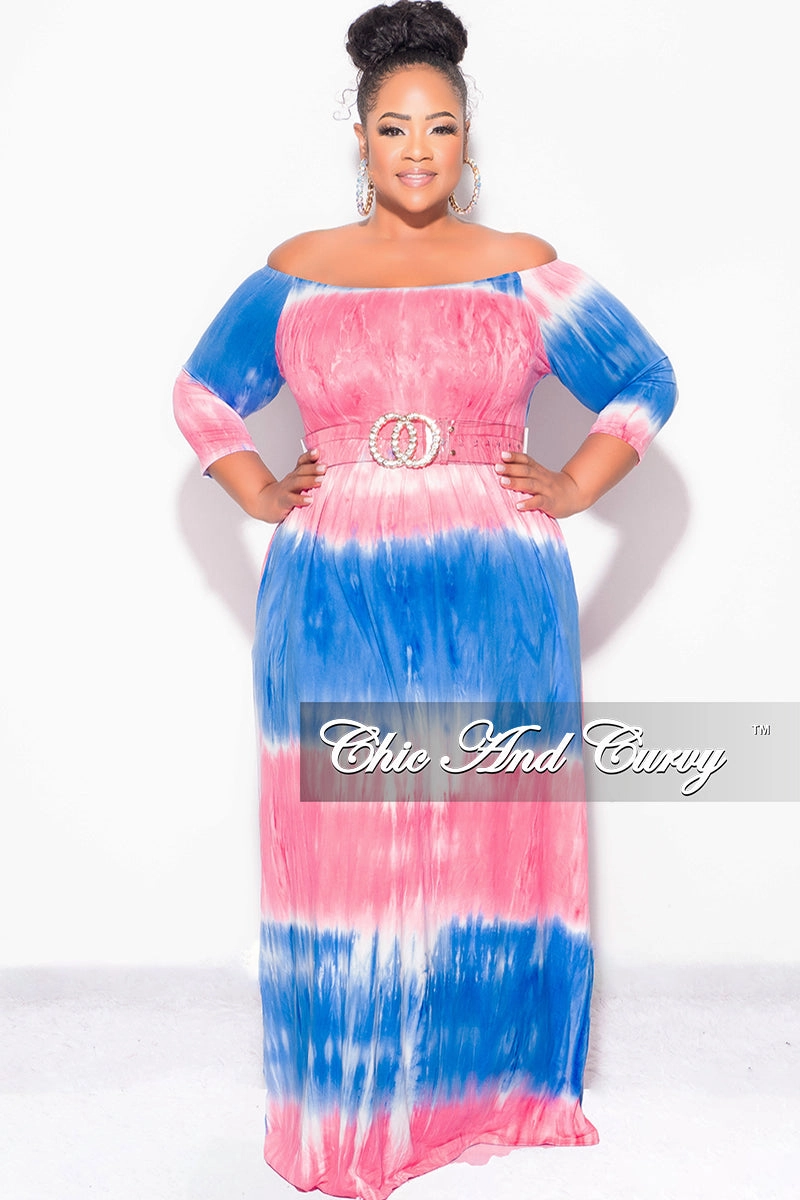 Final Sale Plus Size Off The Shoulder Maxi Dress in Royal Blue and Pink Tie Dye Flexible Layer Fit DurableConstruction