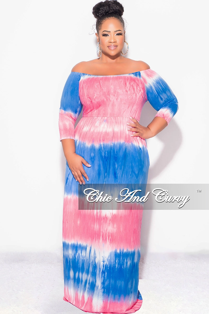 Adjustable Drawcord Relaxed Look Final Sale Plus Size Off The Shoulder Maxi Dress in Royal Blue and Pink Tie Dye