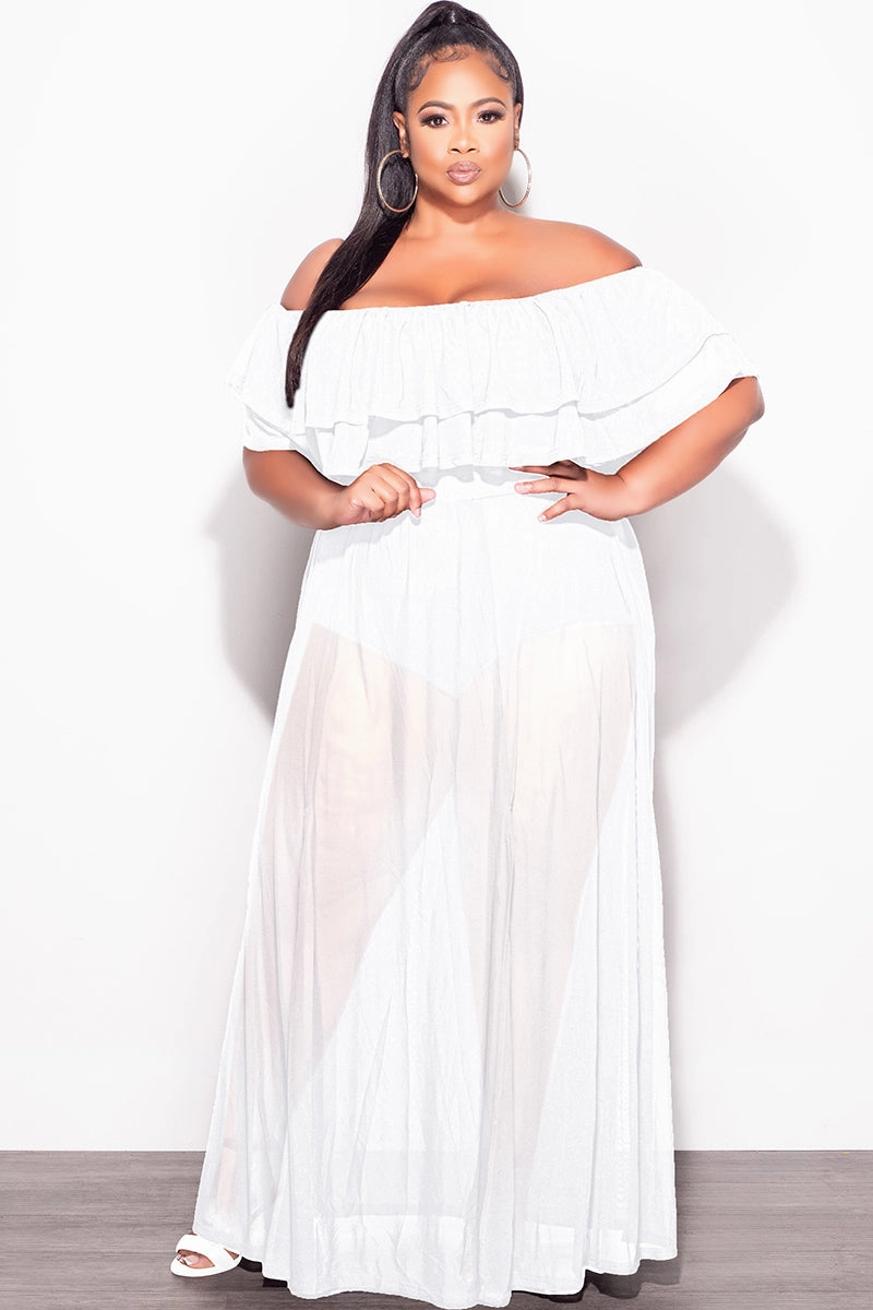 Fashionable Waist relaxed shape Final Sale Plus Size Off the Shoulder Mesh Ruffle Bodysuit Dress with Double Slits in White