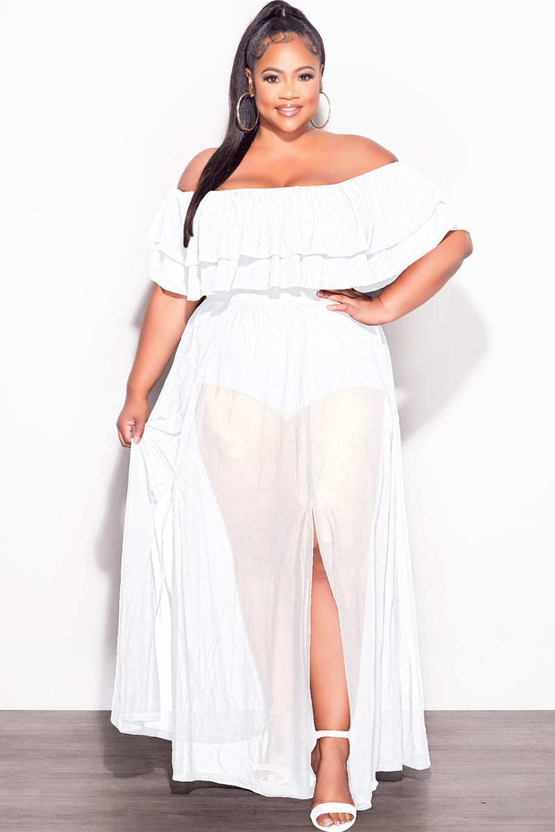 Final Sale Plus Size Off the Shoulder Mesh Ruffle Bodysuit Dress with Double Slits in White Relaxed Cut Ultimate Comfort