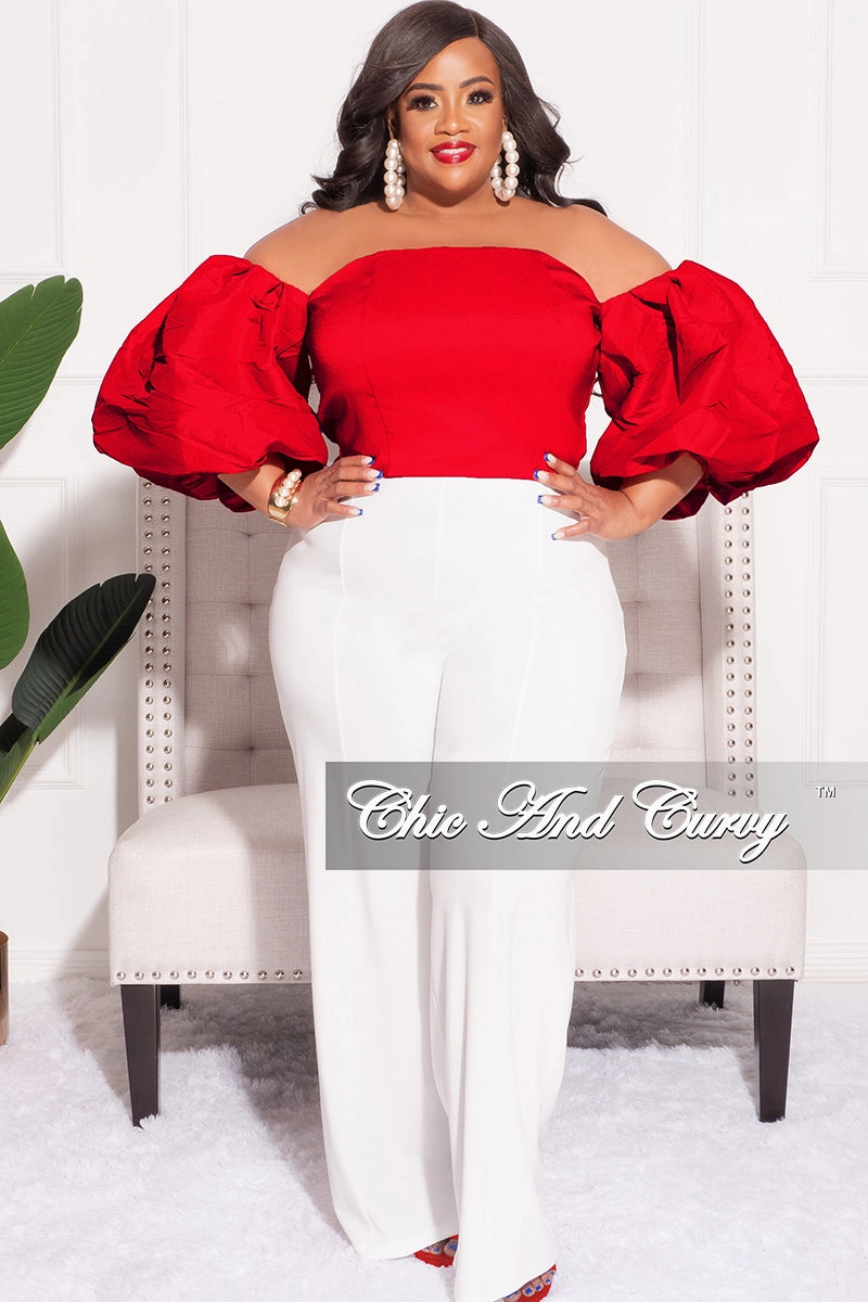 Stretch Fit Body Aligned Final Sale Plus Size Off the Shoulder Puffy Sleeve Crop Top in Red