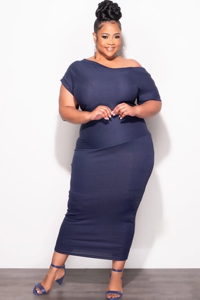 Final Sale Plus Size Off The Shoulder Ribbed Midi Dress in Navy Outdoor Comfort Fit