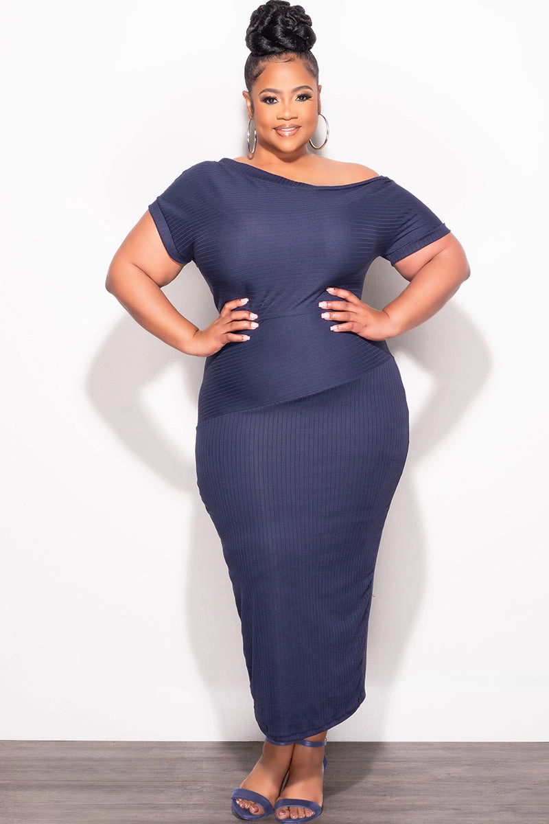Bootcut shape UVProtectiveLayer Final Sale Plus Size Off The Shoulder Ribbed Midi Dress in Navy