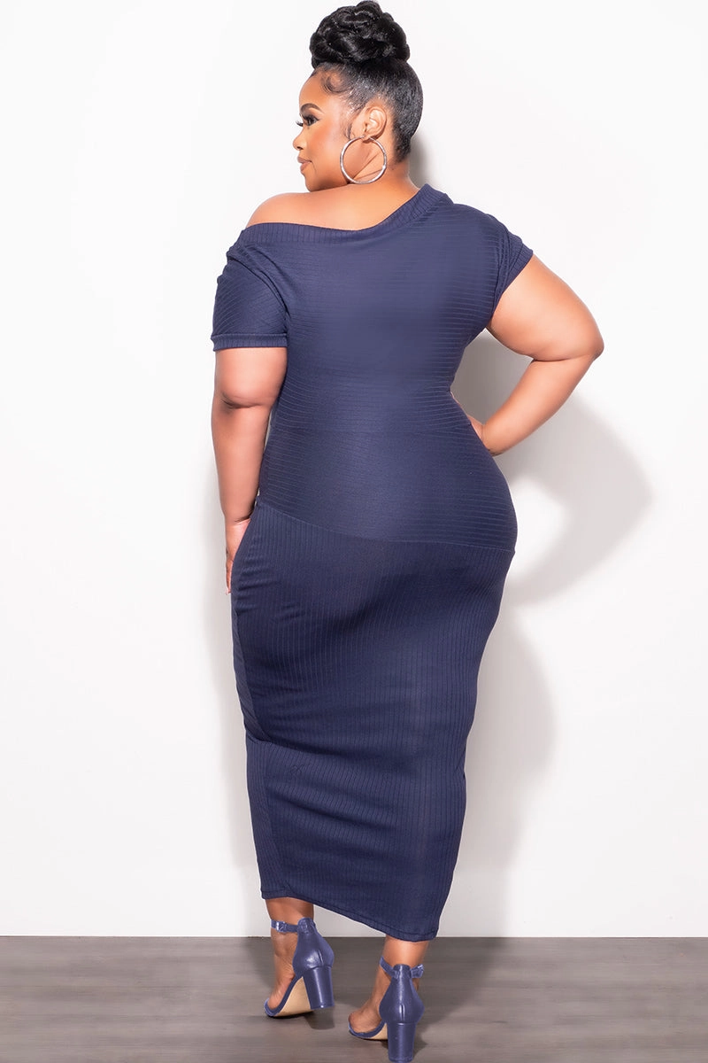 Final Sale Plus Size Off The Shoulder Ribbed Midi Dress in Navy LightweightInsulation RecycledMaterial