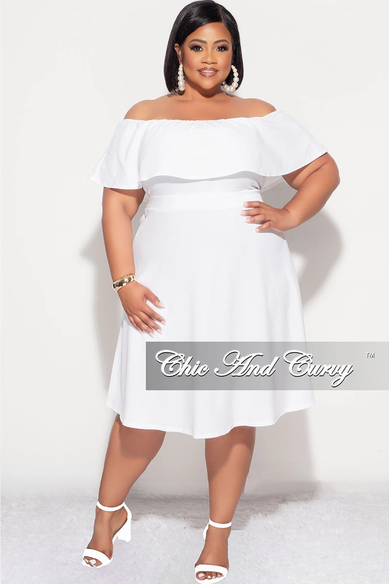 Final Sale Plus Size Off the Shoulder Ruffle Dress in White Chic Look Fitted Style