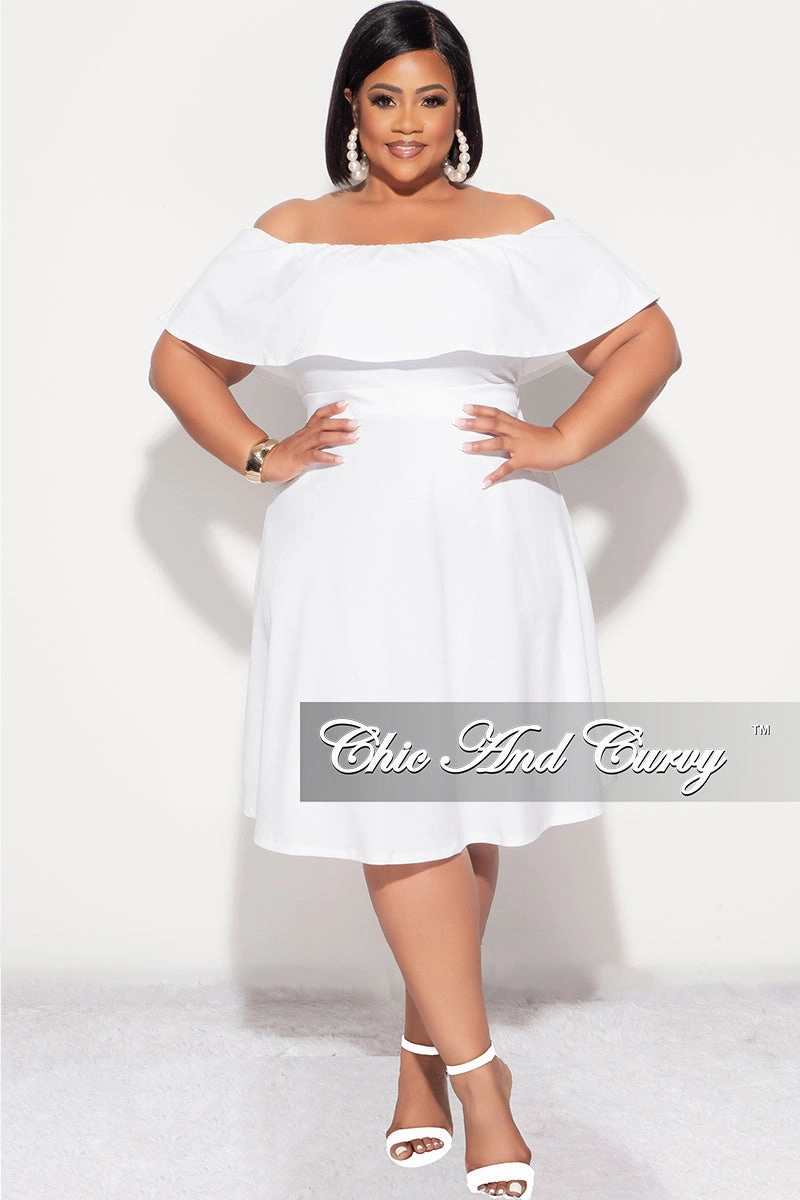 Durable Fit Final Sale Plus Size Off the Shoulder Ruffle Dress in White