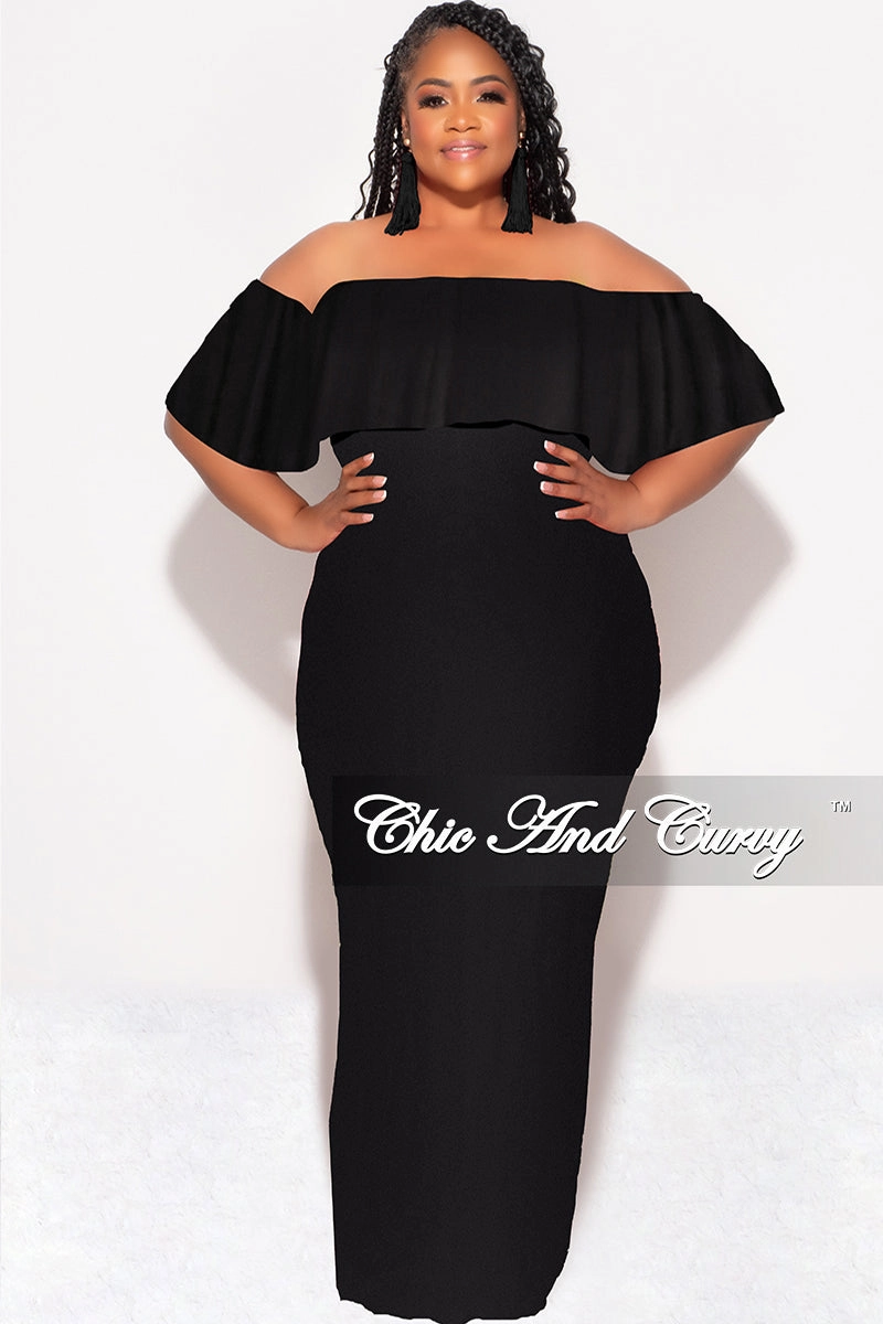 Clean Fit Stay Comfortable Final Sale Plus Size Off the Shoulder Ruffle Overlay Maxi Gown in Black