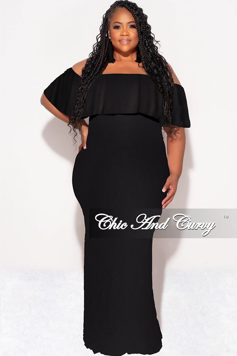 AntiSnagZippers Final Sale Plus Size Off the Shoulder Ruffle Overlay Maxi Gown in Black