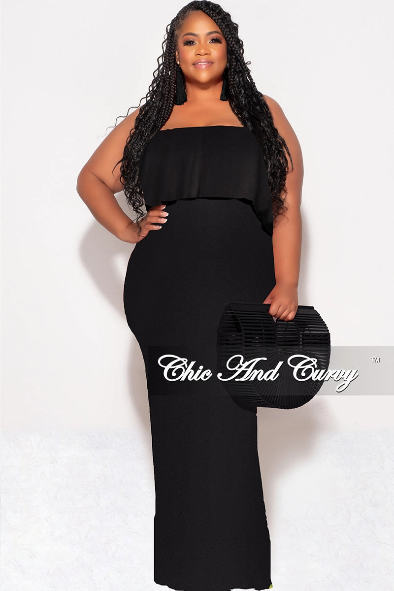 Practical Look Weekend Ready Final Sale Plus Size Off the Shoulder Ruffle Overlay Maxi Gown in Black