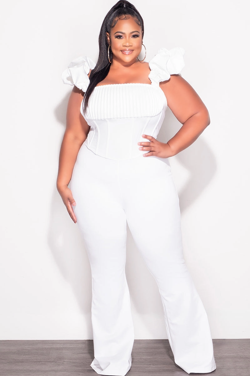 Final Sale Plus Size Off the Shoulder Ruffle Sleeve Pleated Corset Jumpsuit in White Slim Stretch Urban Ready