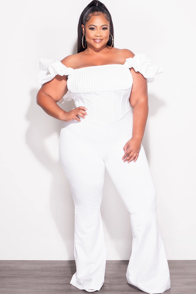Final Sale Plus Size Off the Shoulder Ruffle Sleeve Pleated Corset Jumpsuit in White Versatile staple