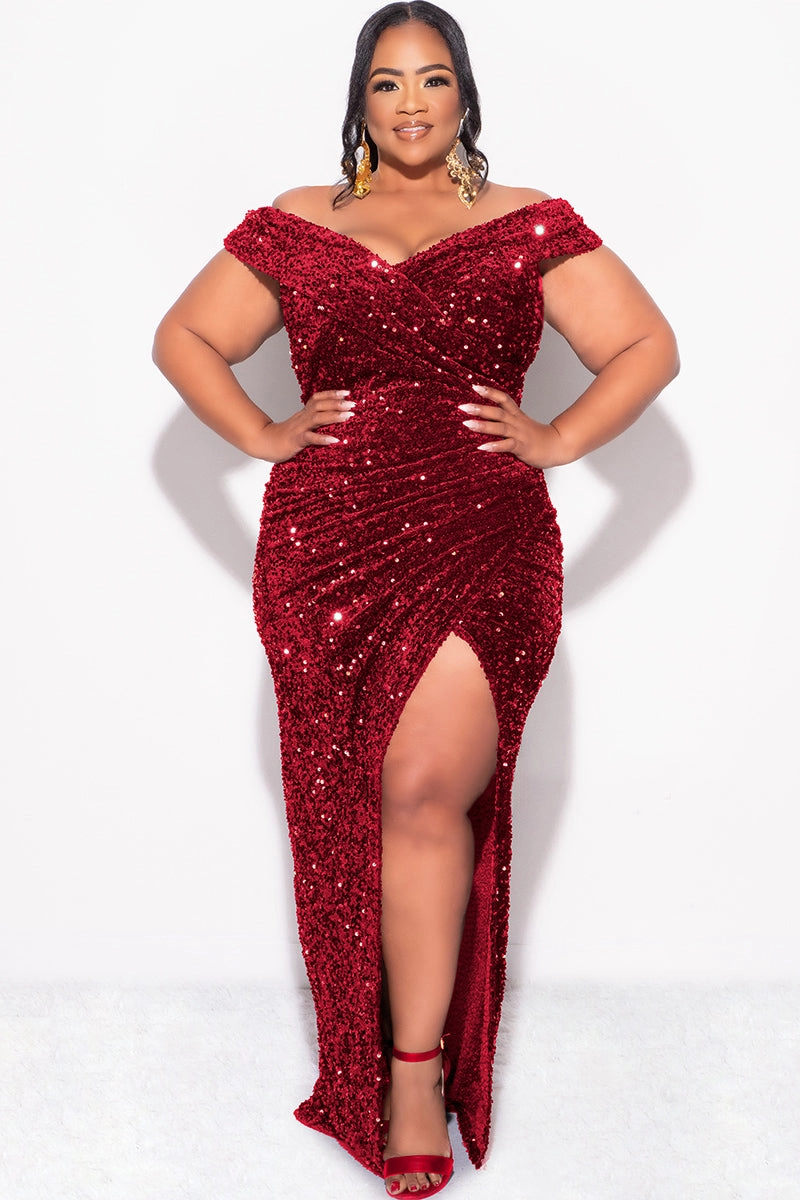Final Sale Plus Size Off The Shoulder Sequin & Velvet Ruched Gown with Front Slit in Burgundy Quick Move