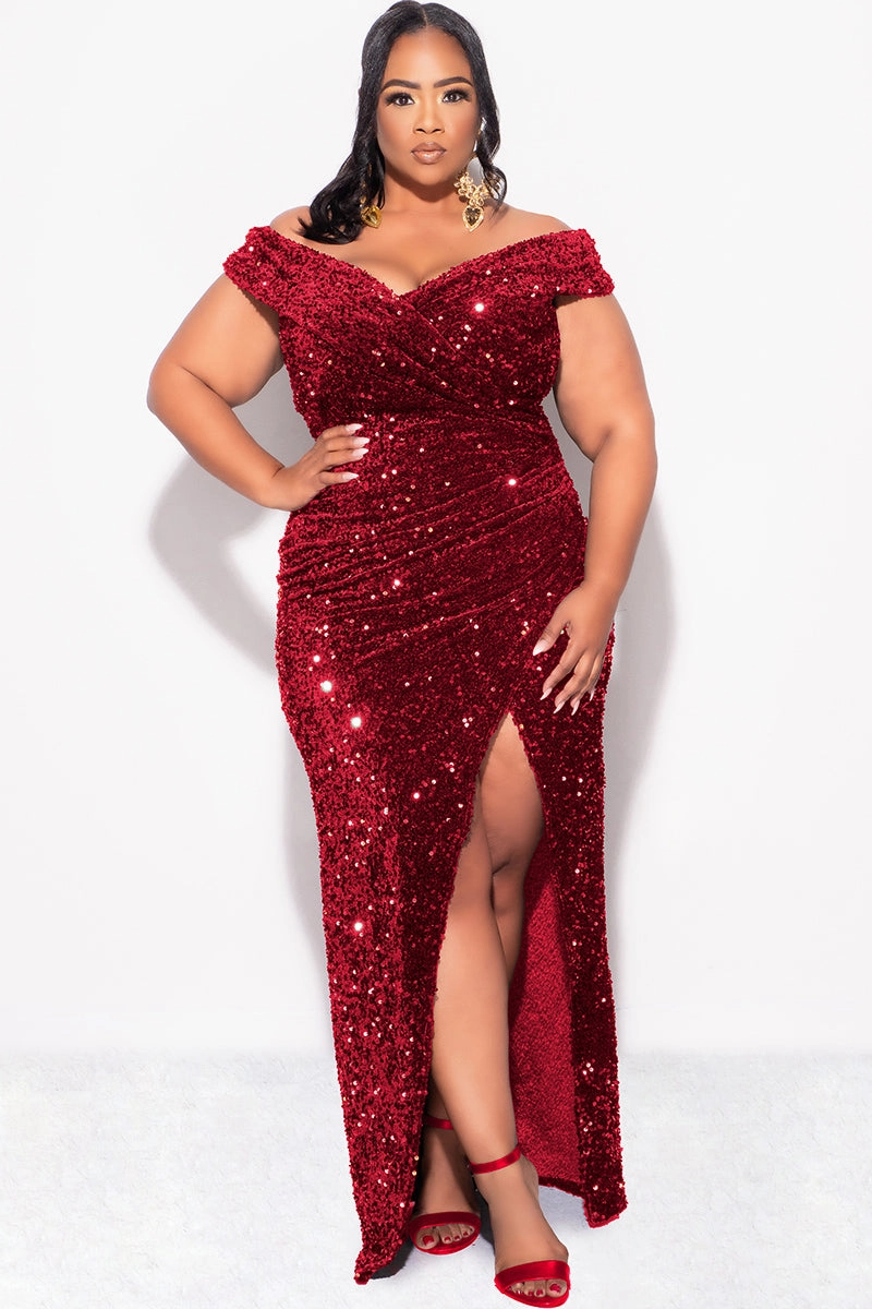 Final Sale Plus Size Off The Shoulder Sequin & Velvet Ruched Gown with Front Slit in Burgundy ripstop fabric Comfort waistband