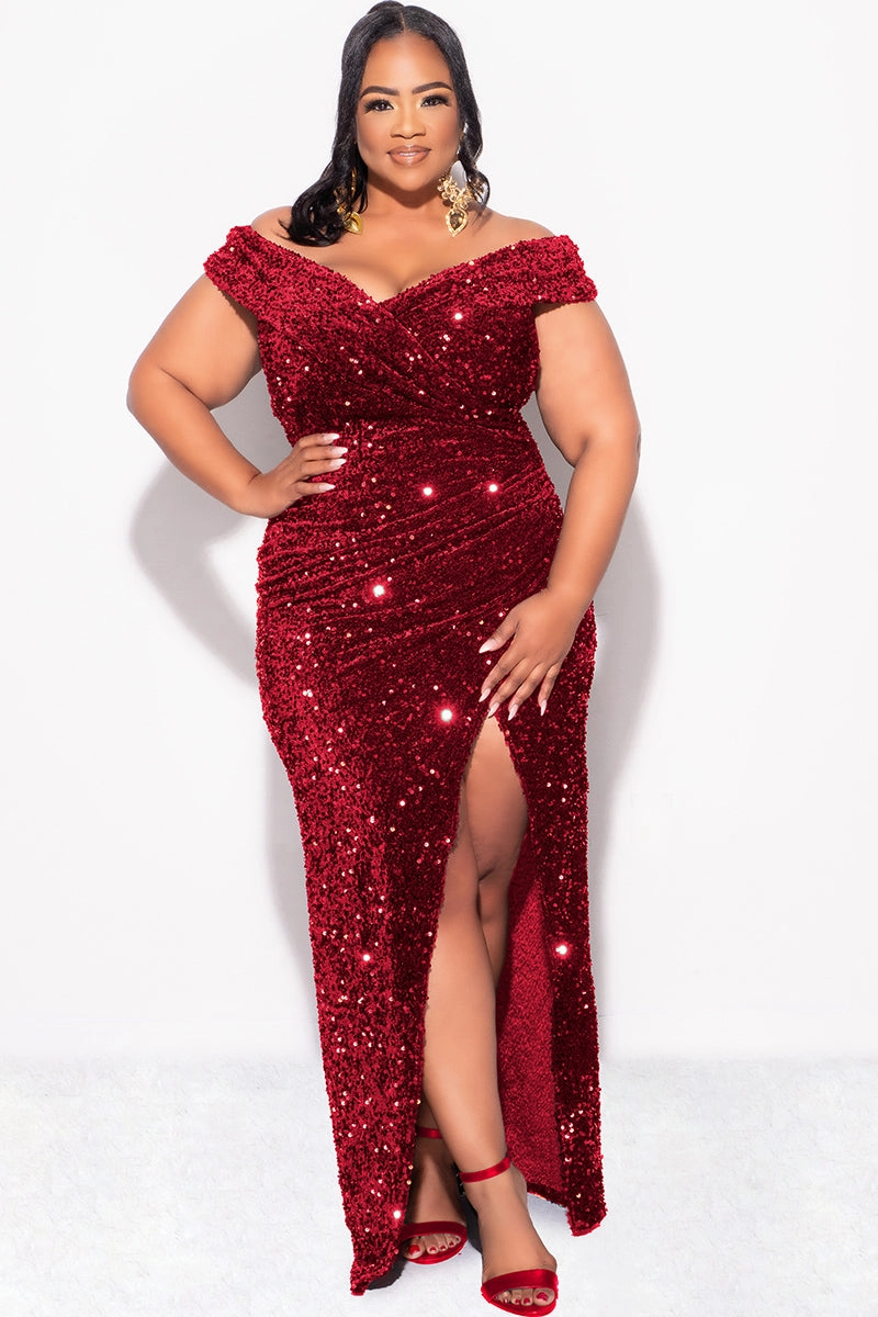 Final Sale Plus Size Off The Shoulder Sequin & Velvet Ruched Gown with Front Slit in Burgundy Stretch Fit Stretchable Wear