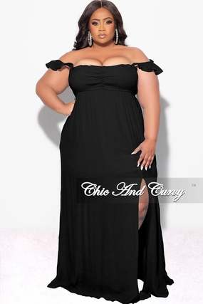 Final Sale Plus Size Off the Shoulder Smocked Maxi Dress in Black AdjustableDrawstring