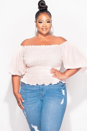 Final Sale Plus Size Off the Shoulder Smocked Top in Tan Secure Cuff Design