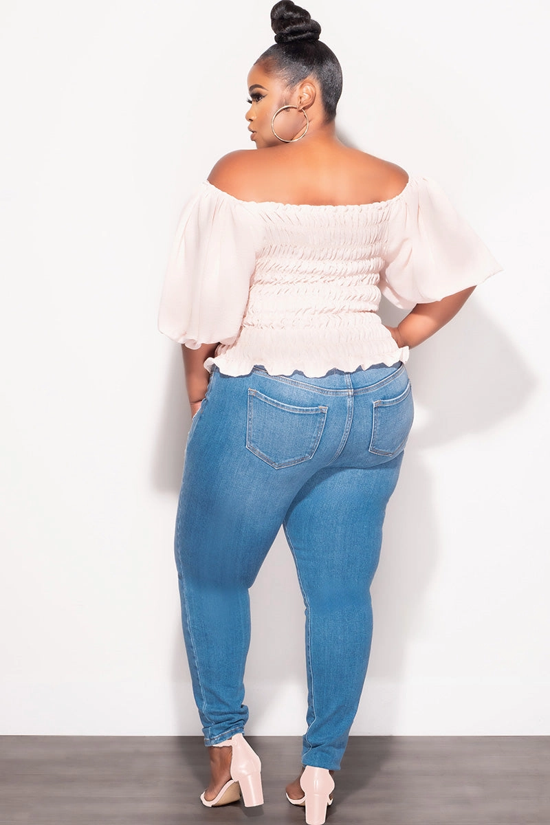 Final Sale Plus Size Off the Shoulder Smocked Top in Tan Sporty Fit Design Trendy Design