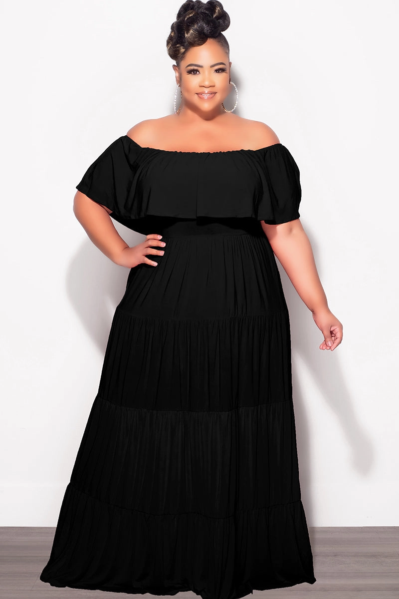 Chilly Comfort Tough Materials Final Sale Plus Size Off The Shoulder Tiered Maxi Dress in Black