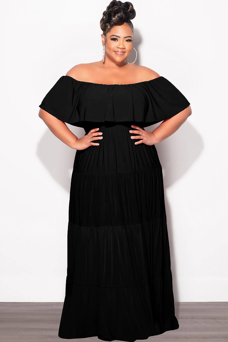Final Sale Plus Size Off The Shoulder Tiered Maxi Dress in Black Layered Panel Design