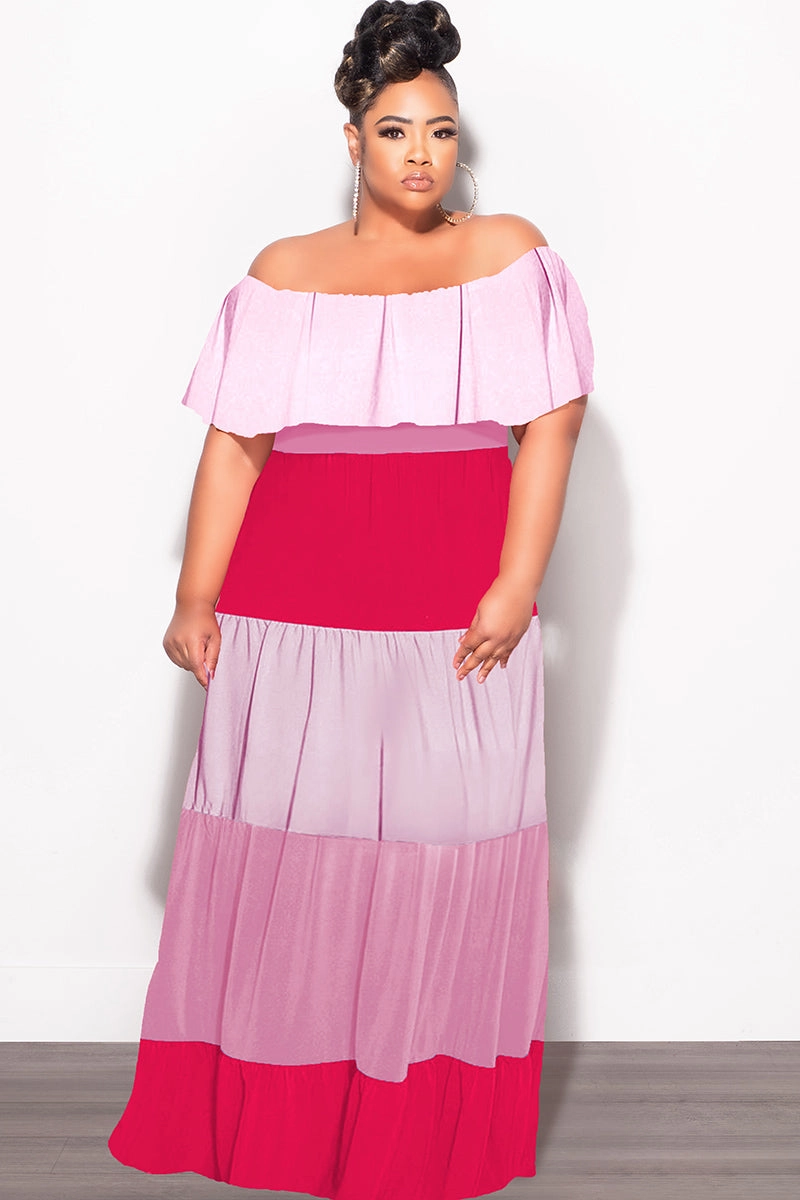 Comfort Fit Flexible Cut Final Sale Plus Size Off The Shoulder Tiered Maxi Dress in Pink and Red