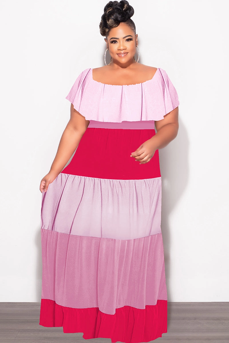 Final Sale Plus Size Off The Shoulder Tiered Maxi Dress in Pink and Red AntiSnagZippers Seamless Technology