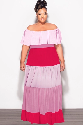 Flex Wear Loose cut Final Sale Plus Size Off The Shoulder Tiered Maxi Dress in Pink and Red