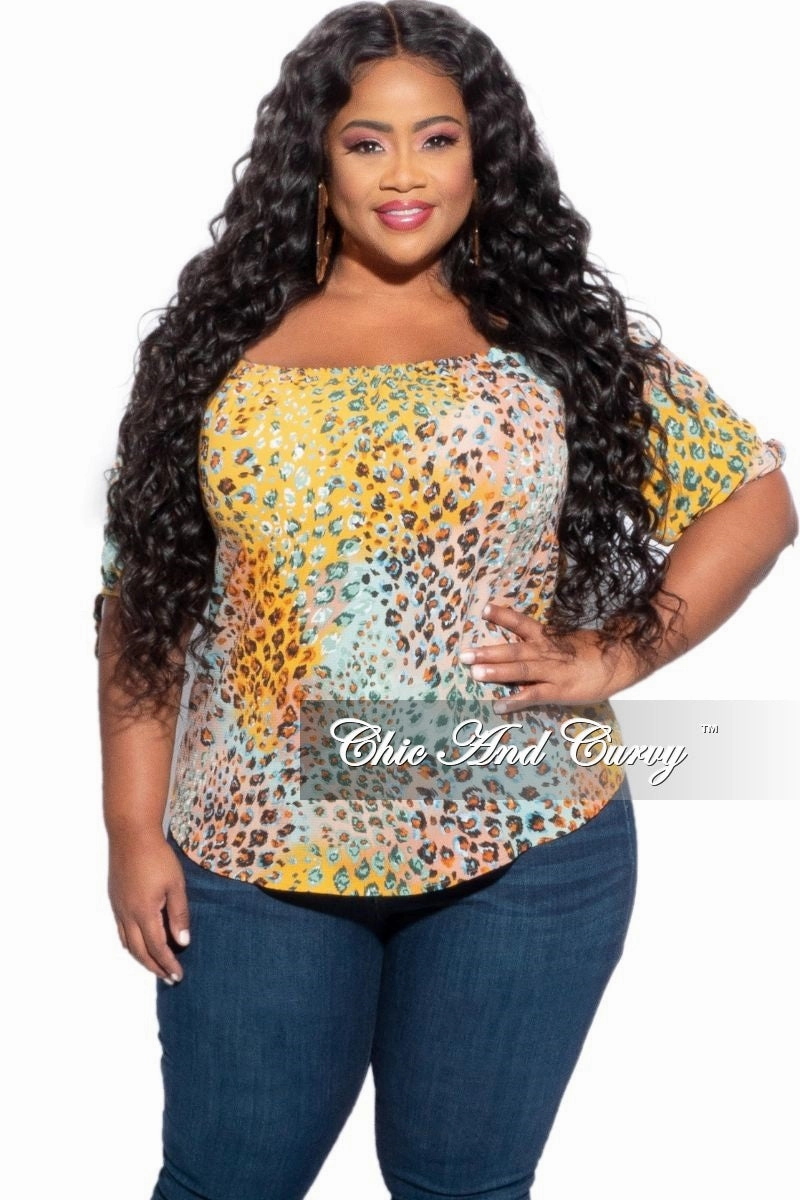 Supportive Fit Odor Resistant Final Sale Plus Size Off The Shoulder Top in Multicolor Animal Print