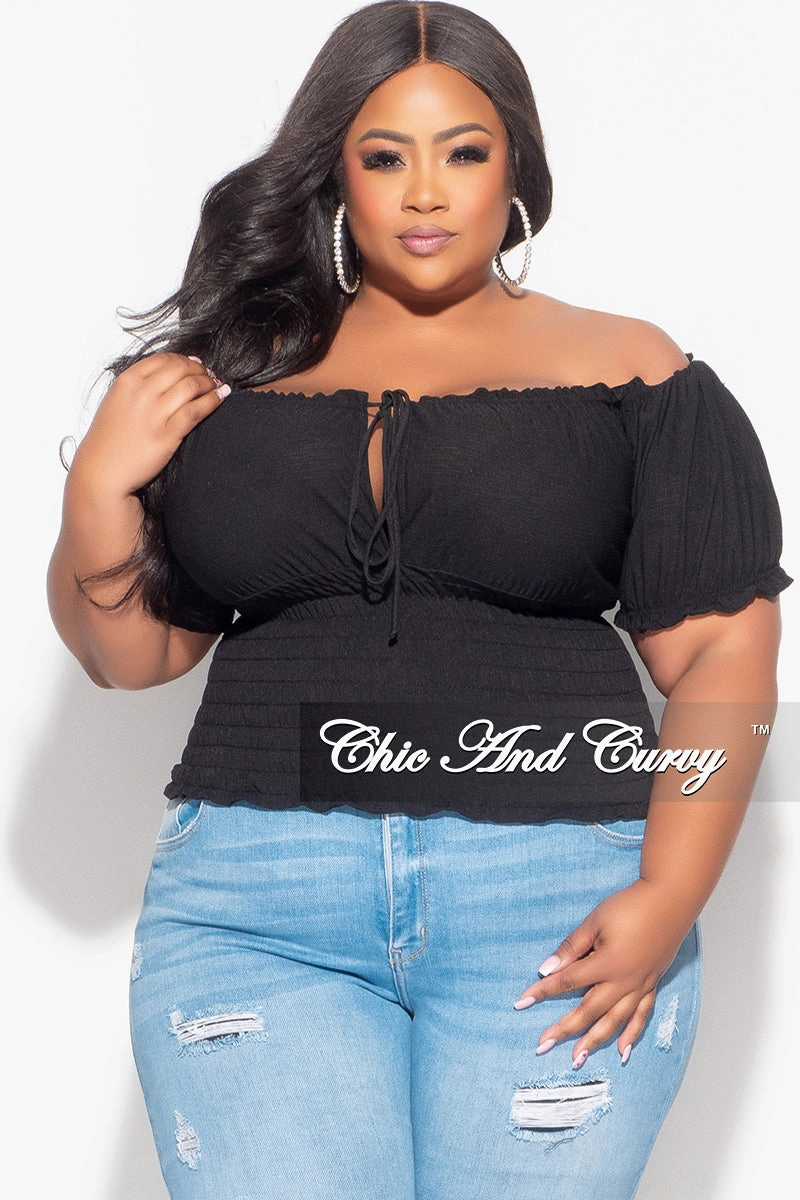 All weather Final Sale Plus Size Off the Shoulder Top with Frill Bottom in Black