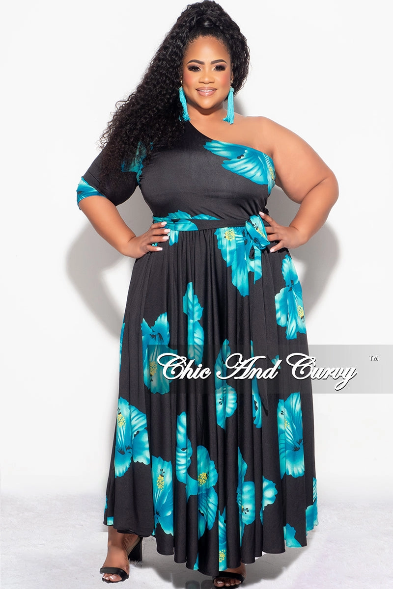 Final Sale Plus Size One Shoulder Dress in Black and Turquoise Floral Print Layer-Friendly