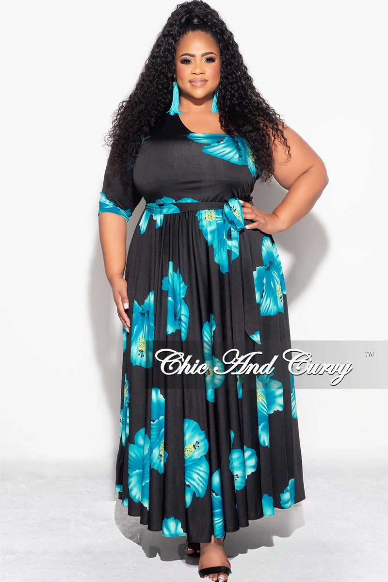 Stretchable Comfort Final Sale Plus Size One Shoulder Dress in Black and Turquoise Floral Print