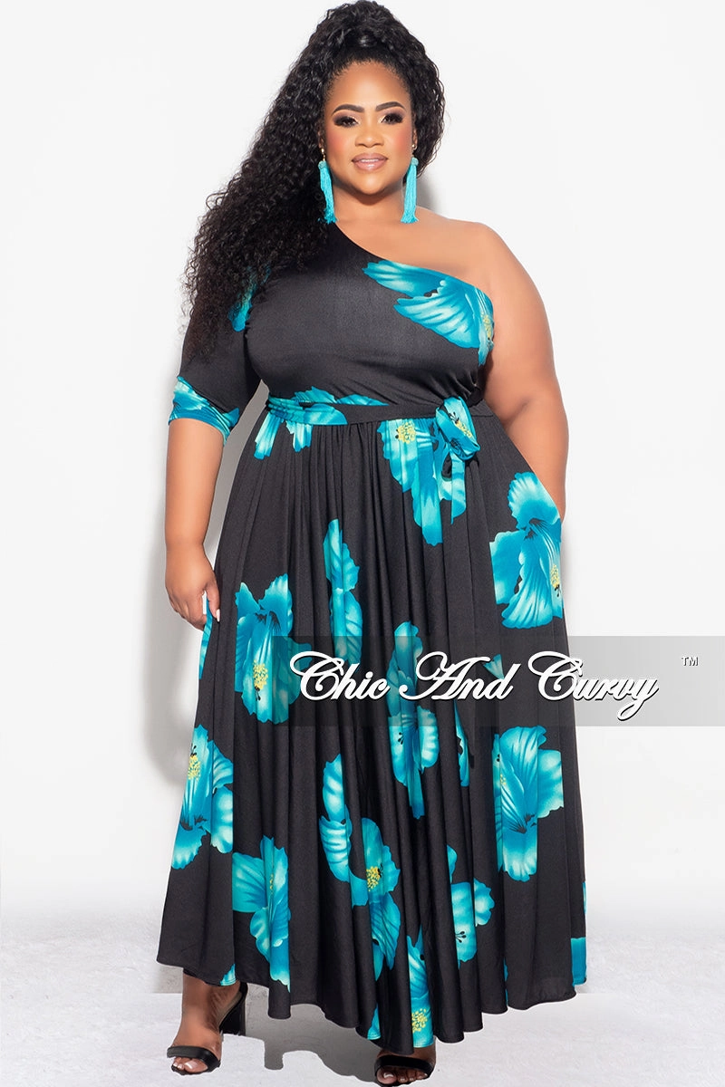 StaticResistantMaterial Final Sale Plus Size One Shoulder Dress in Black and Turquoise Floral Print