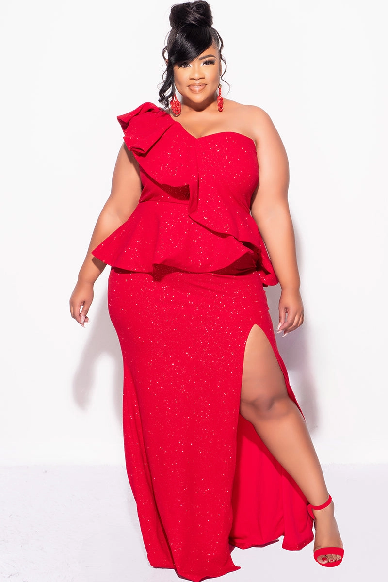 Final Sale Plus Size One Shoulder Layered Ruffle Gown in Red Glitter Low Rise Fit Tough Style