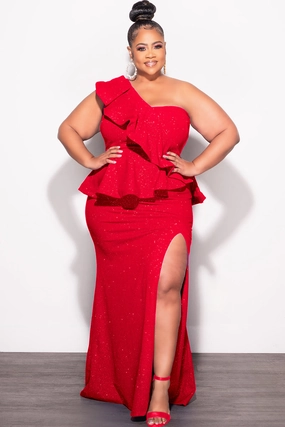 Final Sale Plus Size One Shoulder Layered Ruffle Gown in Red Glitter Flexible Cut