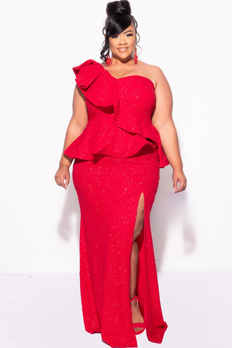 Stretchable Comfort Style Final Sale Plus Size One Shoulder Layered Ruffle Gown in Red Glitter