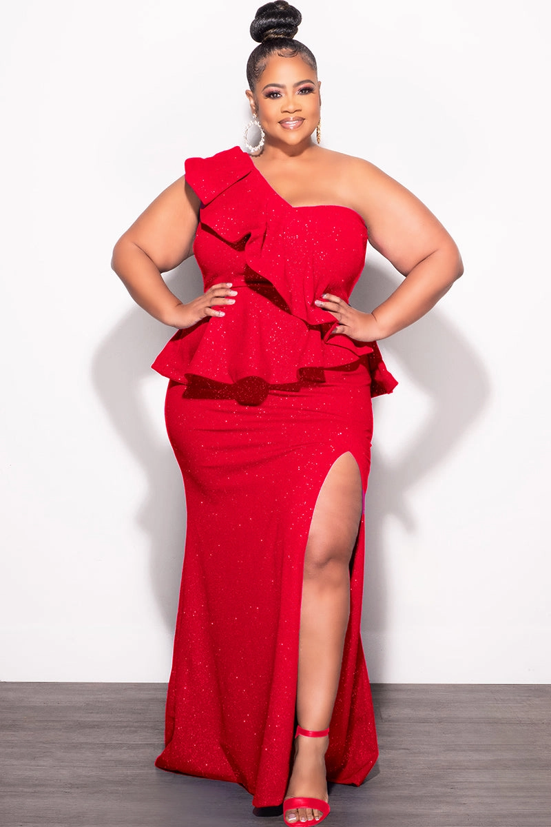 Final Sale Plus Size One Shoulder Layered Ruffle Gown in Red Glitter Flexible Cut