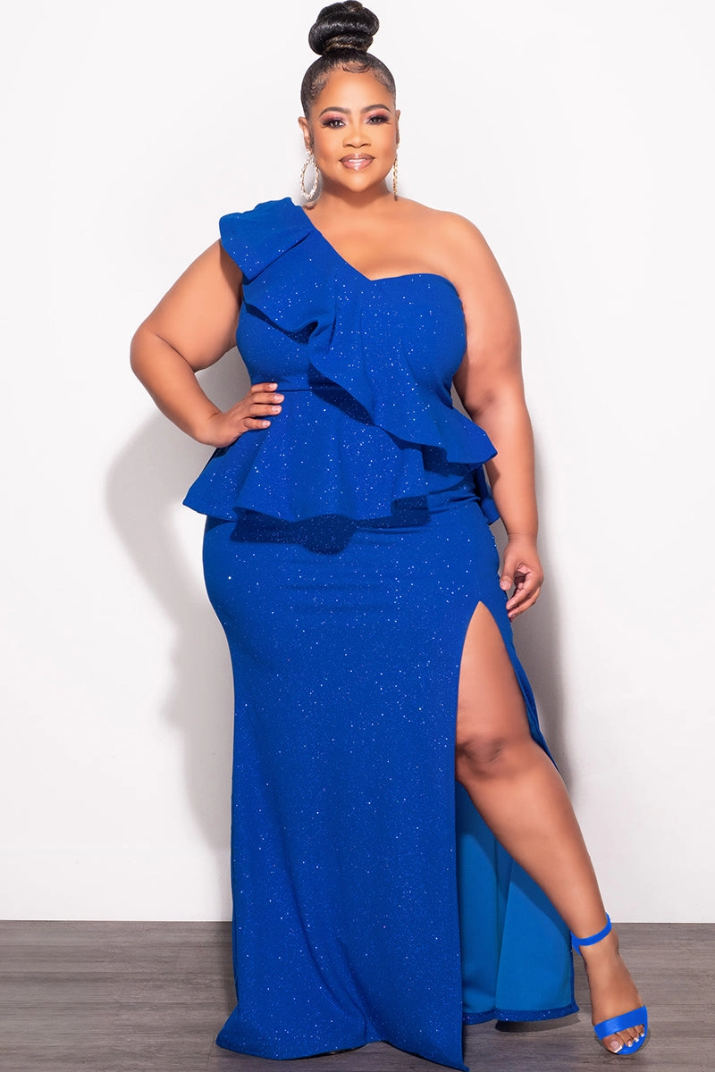 ArticulatedJoints Non Irritating Seams Final Sale Plus Size One Shoulder Layered Ruffle Gown in Royal Blue Glitter