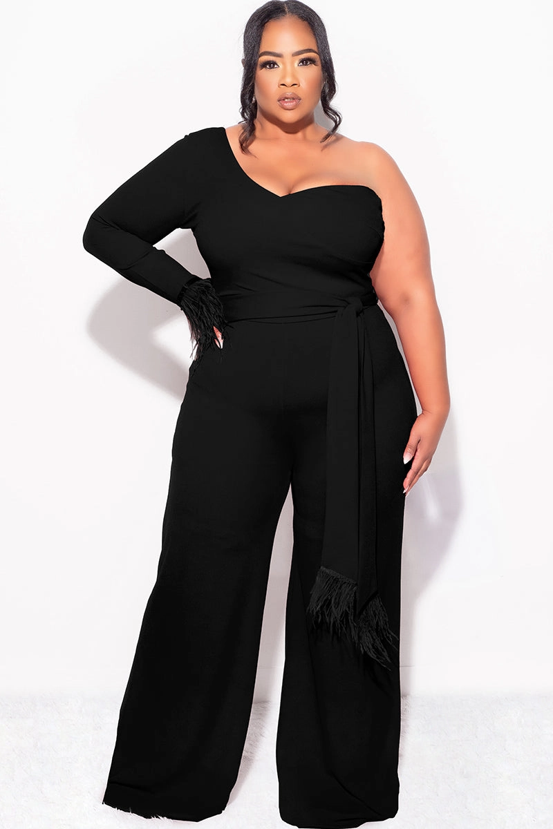 breathable panels Final Sale Plus Size One Shoulder Long Sleeve Feather Cuff Jumpsuit with Tie in Black