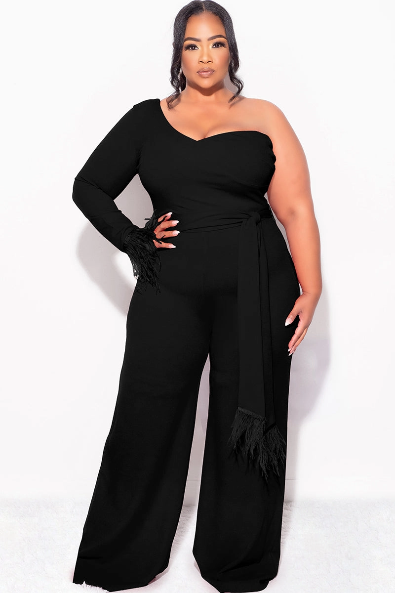 Final Sale Plus Size One Shoulder Long Sleeve Feather Cuff Jumpsuit with Tie in Black Stylish Appearance