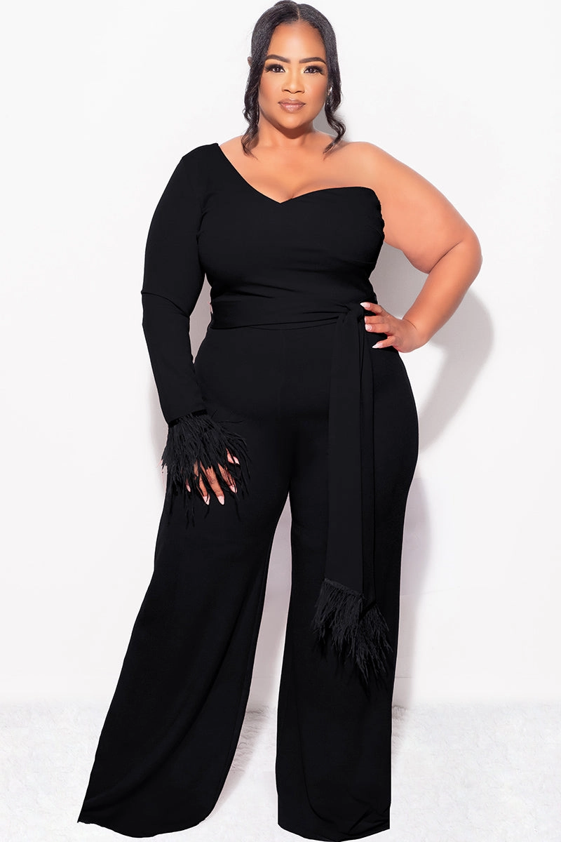 Final Sale Plus Size One Shoulder Long Sleeve Feather Cuff Jumpsuit with Tie in Black Sporty Fit Design Movement Support