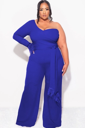 QuickReleaseFastenings Final Sale Plus Size One Shoulder Long Sleeve Feather Cuff Jumpsuit with Tie in Royal Blue