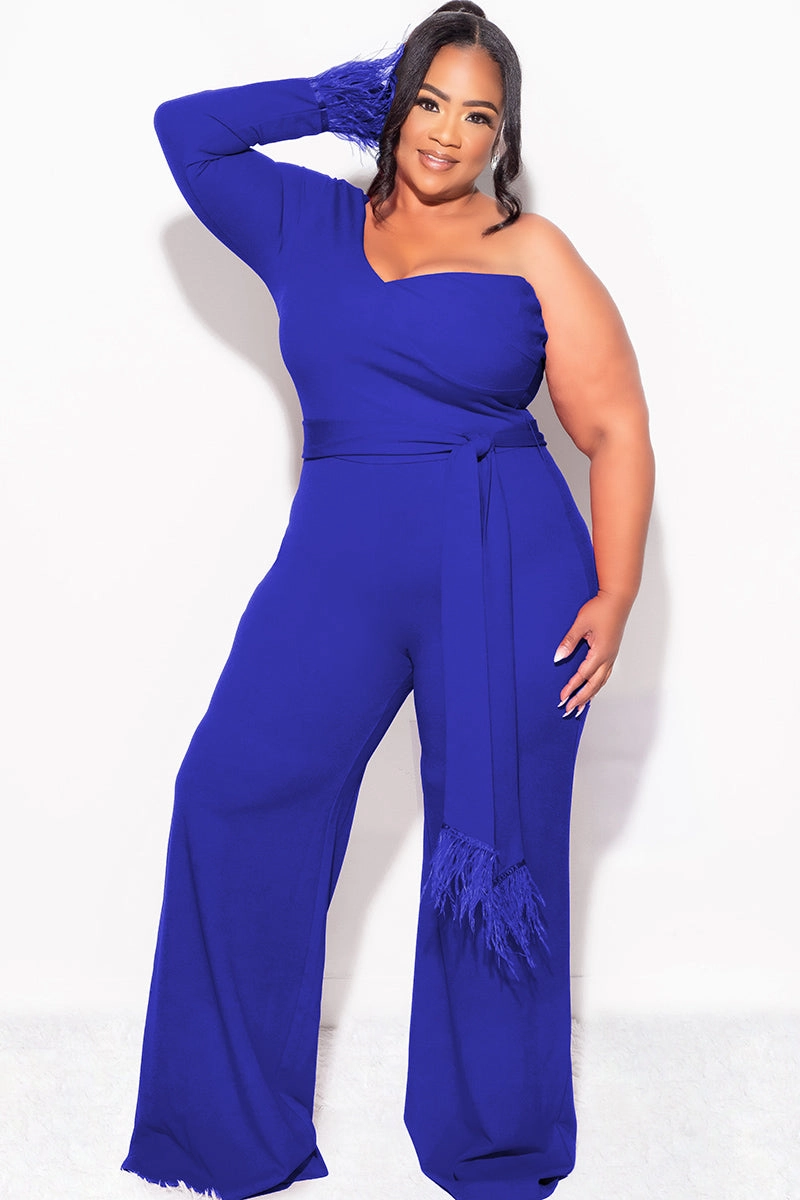 Final Sale Plus Size One Shoulder Long Sleeve Feather Cuff Jumpsuit with Tie in Royal Blue Adaptable Style Stylish Cut