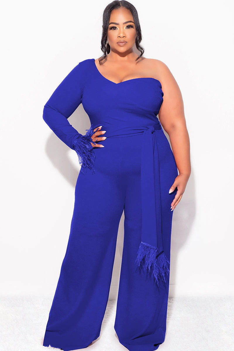 Final Sale Plus Size One Shoulder Long Sleeve Feather Cuff Jumpsuit with Tie in Royal Blue Dynamic Fit