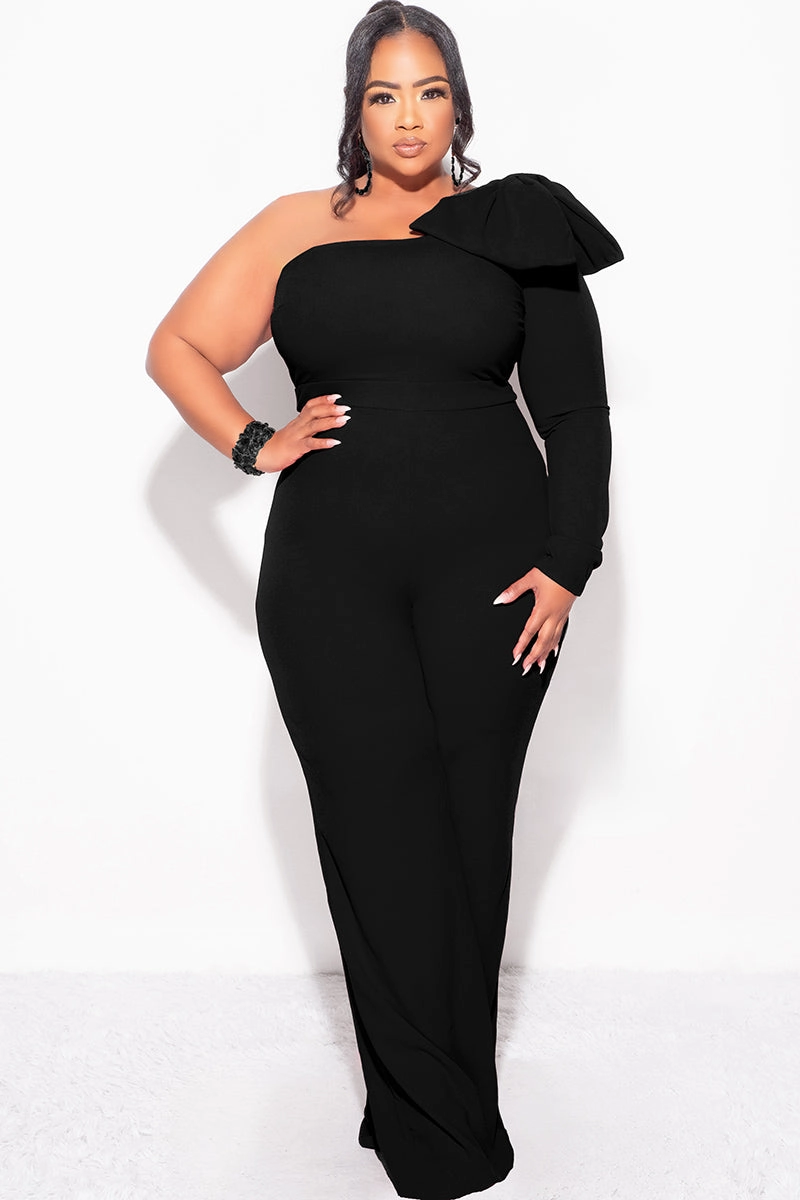Final Sale Plus Size One Shoulder Long Sleeve Jumpsuit with Bow in Black Stylish Waistband