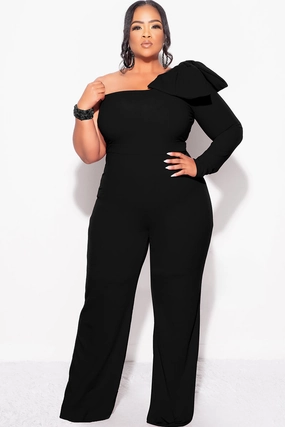 Final Sale Plus Size One Shoulder Long Sleeve Jumpsuit with Bow in Black Performance Ready EcoFriendlyBlend