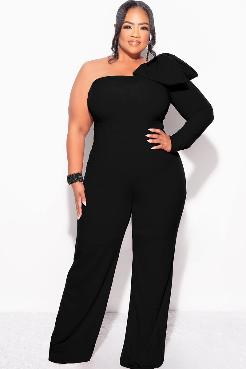 Final Sale Plus Size One Shoulder Long Sleeve Jumpsuit with Bow in Black Versatile Comfort Wear
