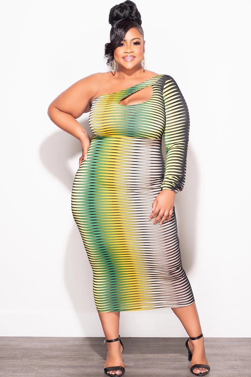 Final Sale Plus Size One Shoulder Midi Dress in Green Tan Mustard and Black Practical Wear