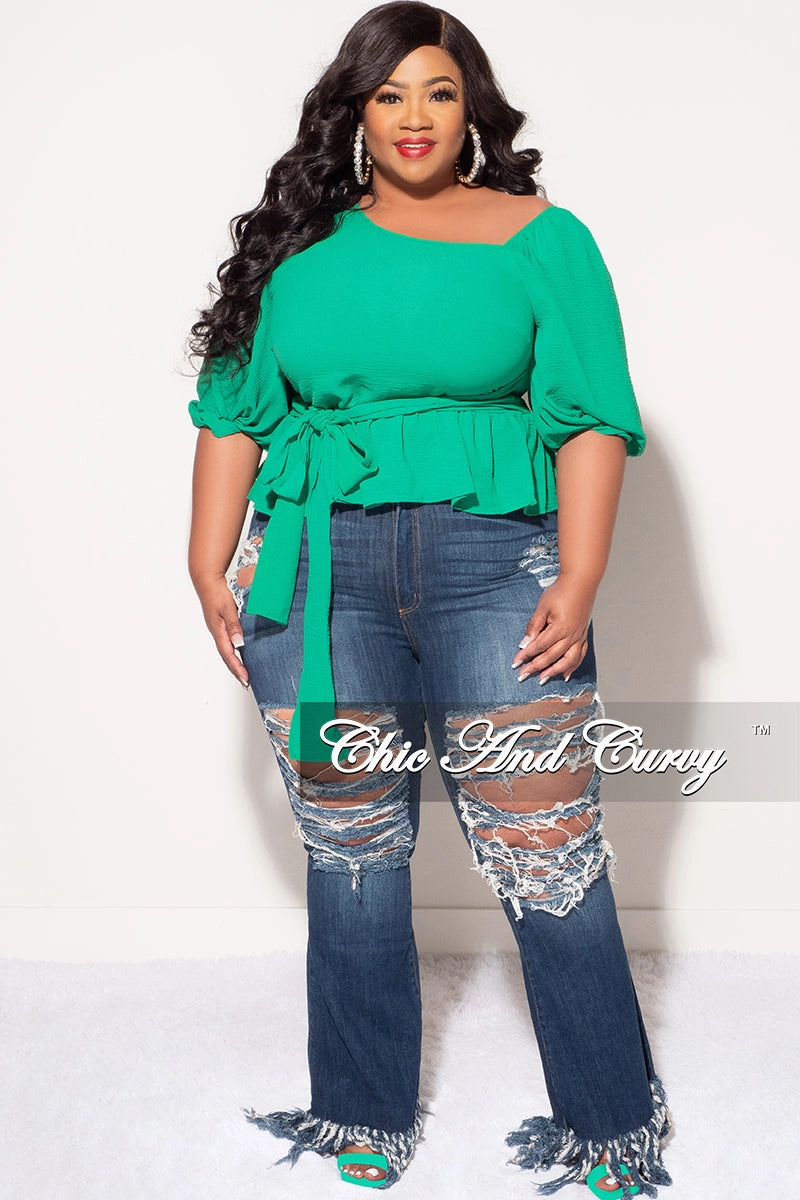 Layered Wear Warm design Final Sale Plus Size One Shoulder Peplum Top in Green