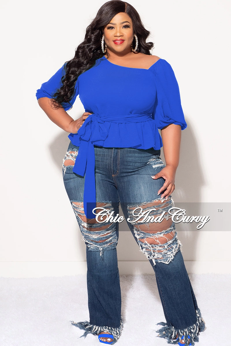 Final Sale Plus Size One Shoulder Peplum Top in Royal Blue Odor Resistant Comfort Layer Wear
