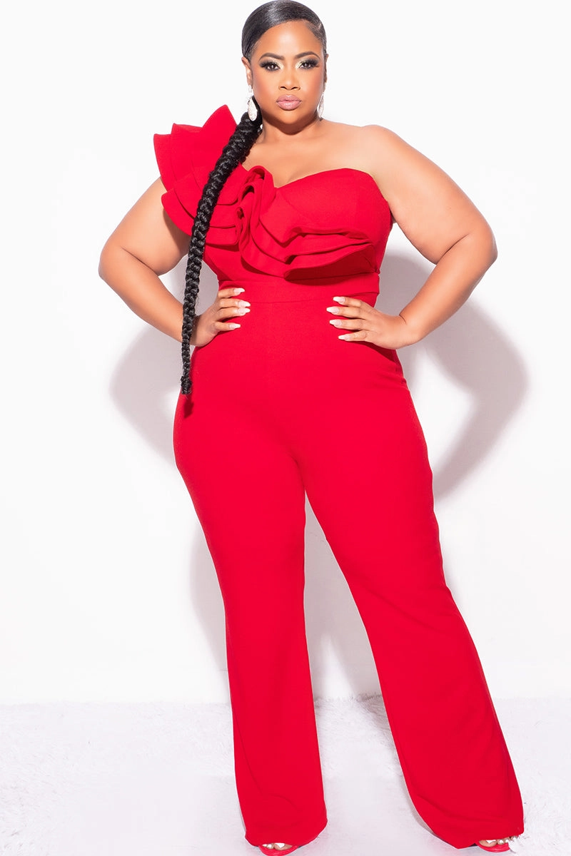 Stylish Wear Final Sale Plus Size One Shoulder Ruffle Trim Jumpsuit in Dark Red