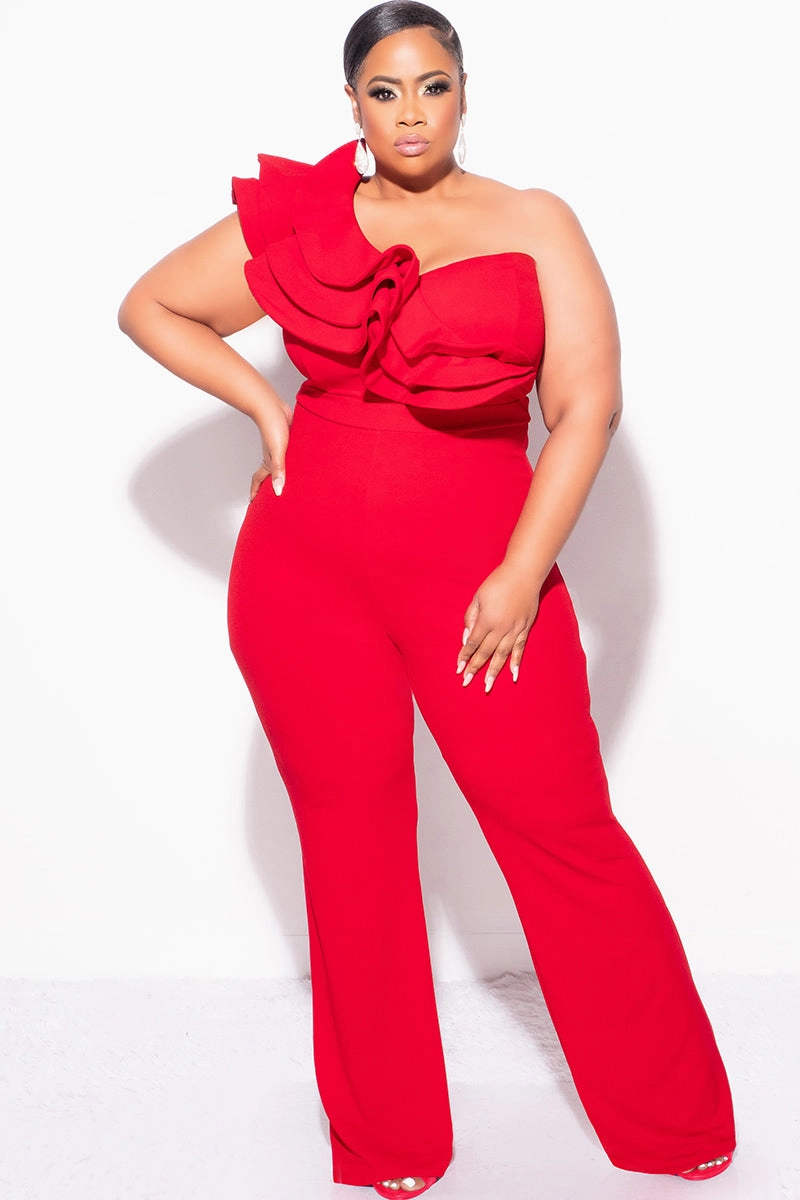 Flat waistband Soft Design Final Sale Plus Size One Shoulder Ruffle Trim Jumpsuit in Dark Red